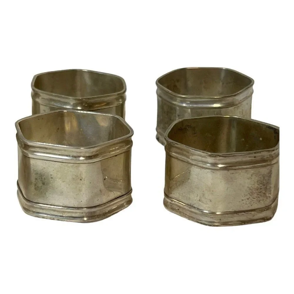Vintage Set Of 8 Made in India Silver Hexagon Napkin Rings Tabletop Decor READ